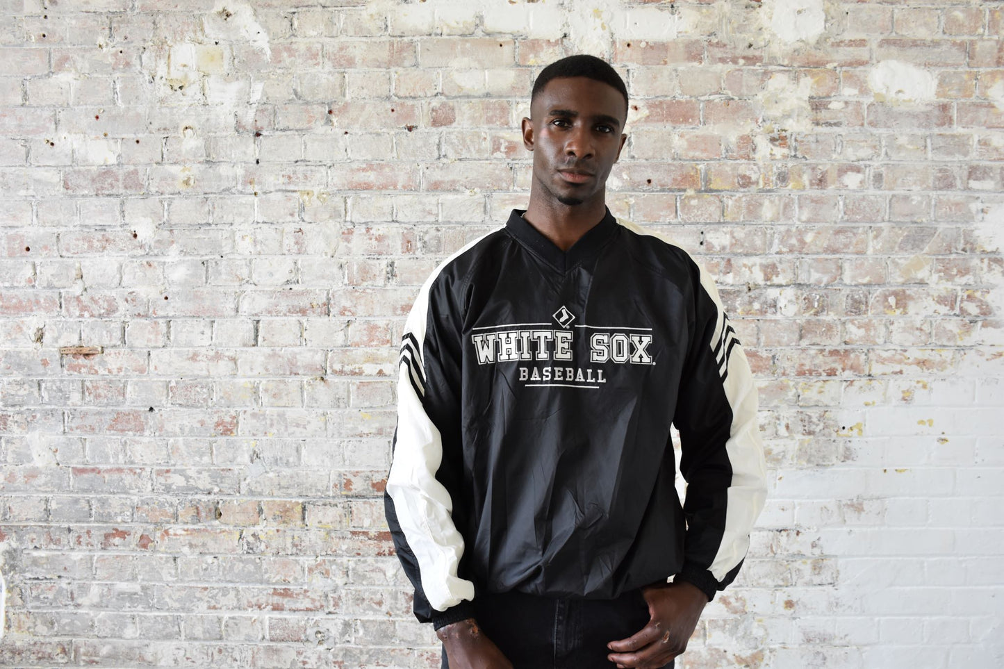 Vintage Adidas White Sox Baseball Jacket in black and white