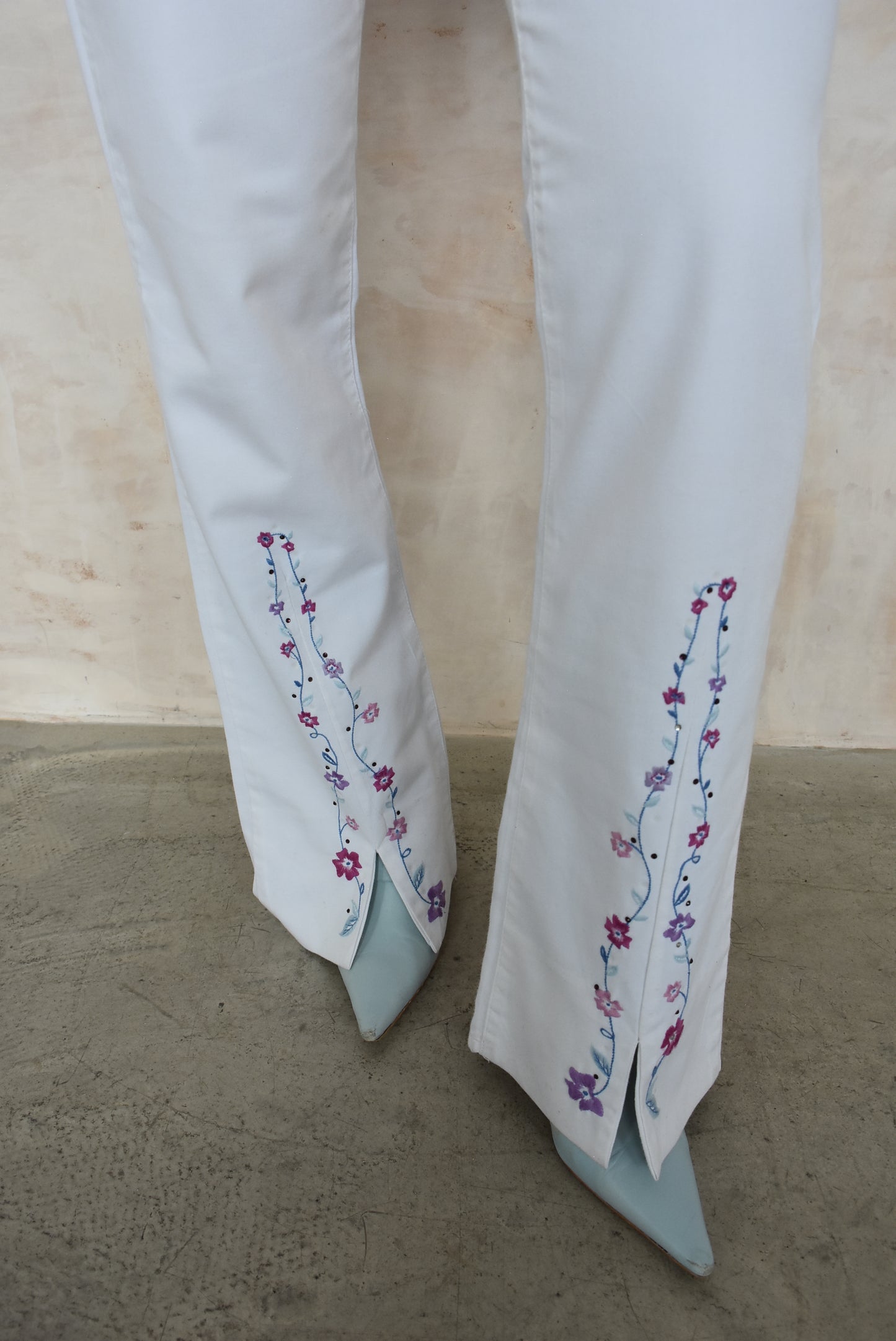 White Y2K Floral Flare Jeans