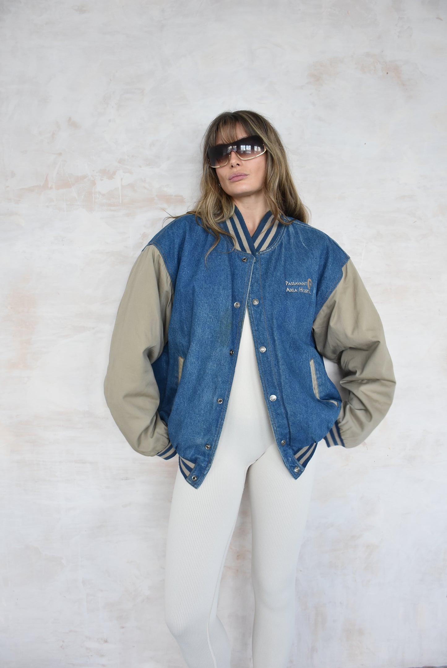 Vintage Denim Varsity Bomber Jacket