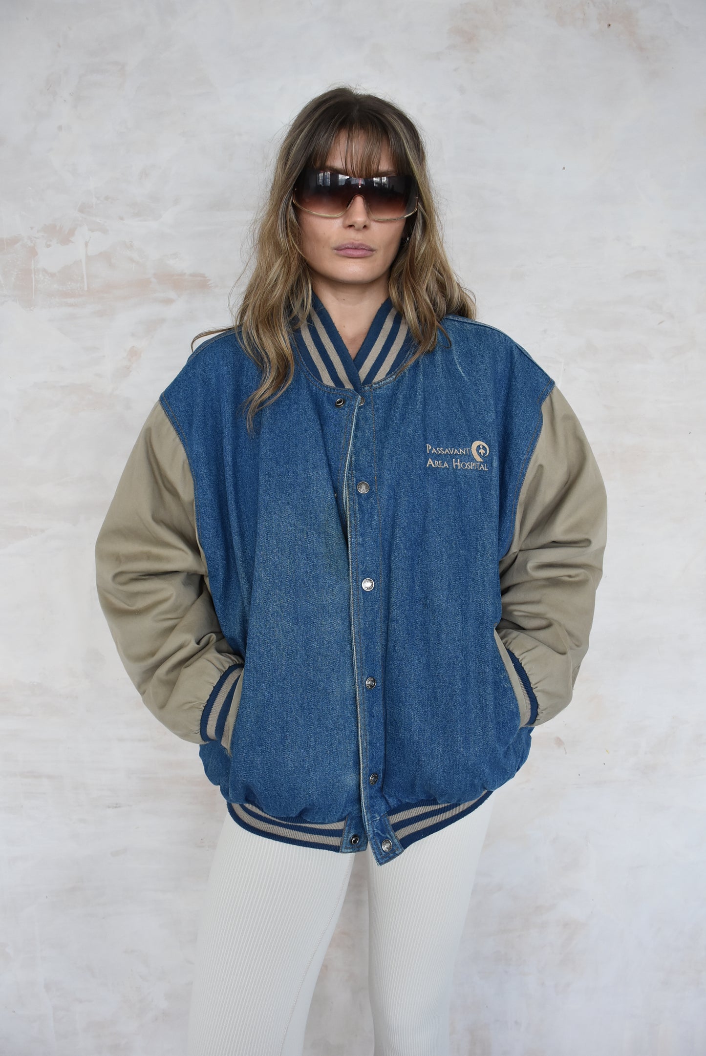 Vintage Denim Varsity Bomber Jacket