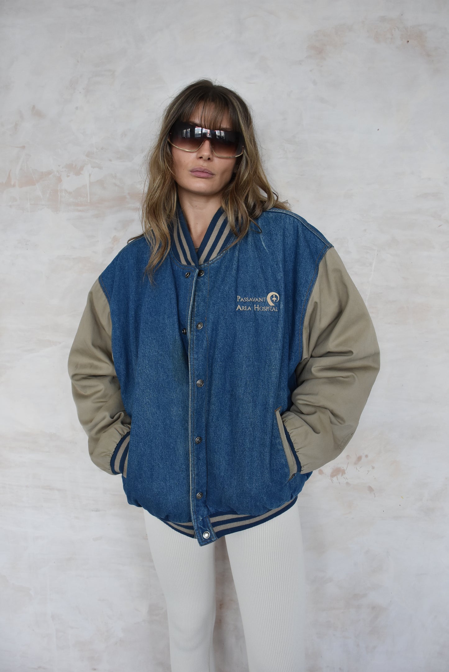 Vintage Denim Varsity Bomber Jacket