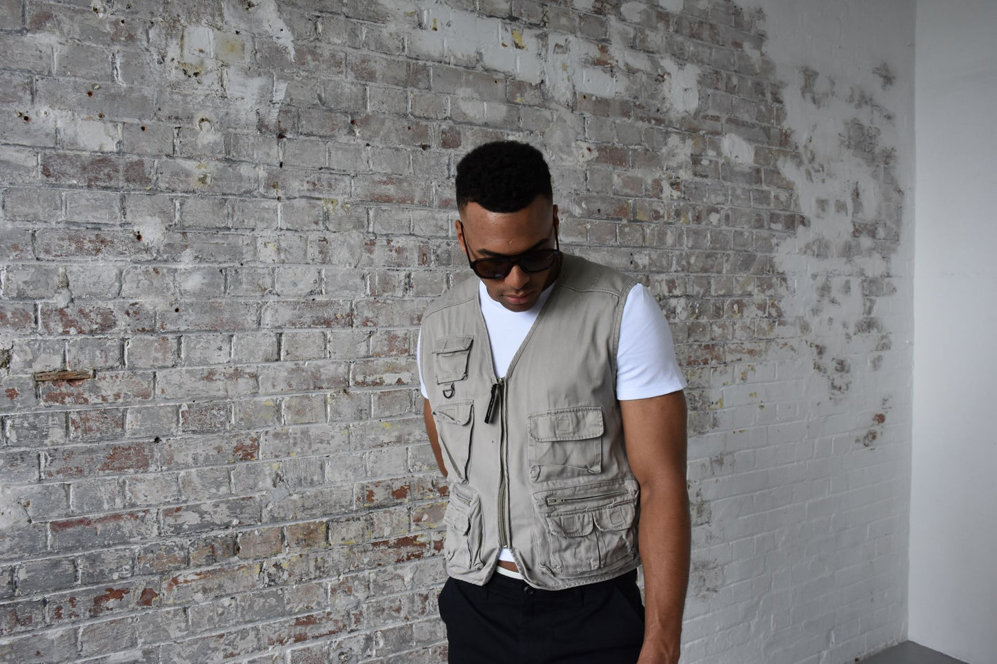 Vintage Cargo Gilet Fisherman Vest in Stone Grey