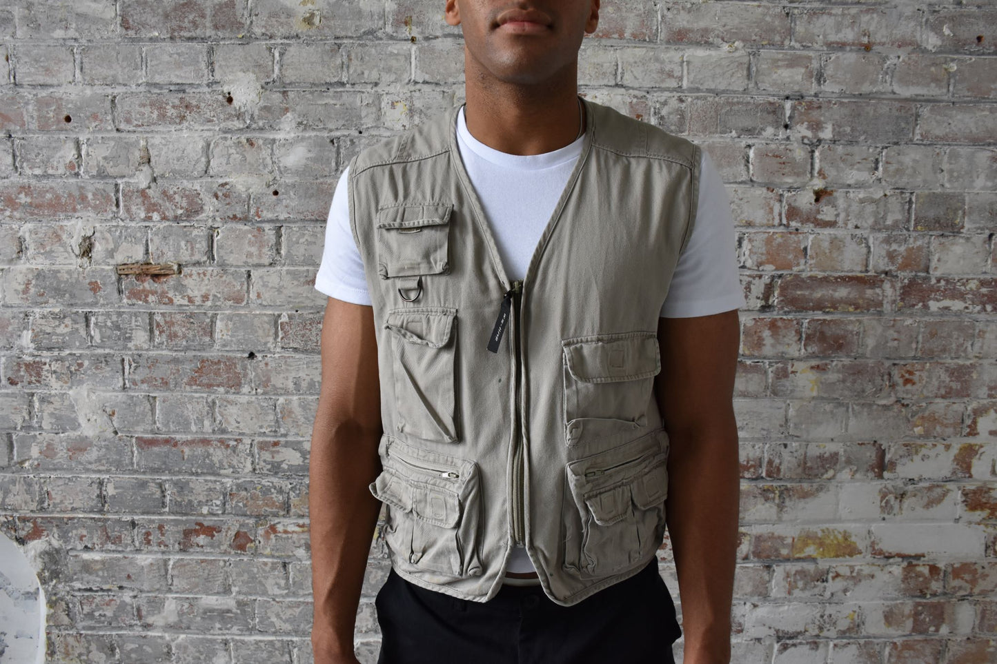 Vintage Cargo Gilet Fisherman Vest in Stone Grey