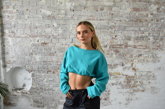 Vintage Reworked Cropped Sweatshirt in Turquoise Blue