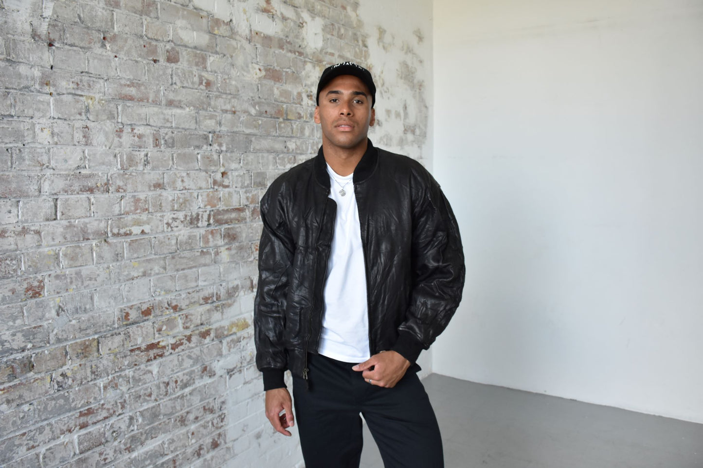 Vintage Nautica Leather Bomber Jacket in Black