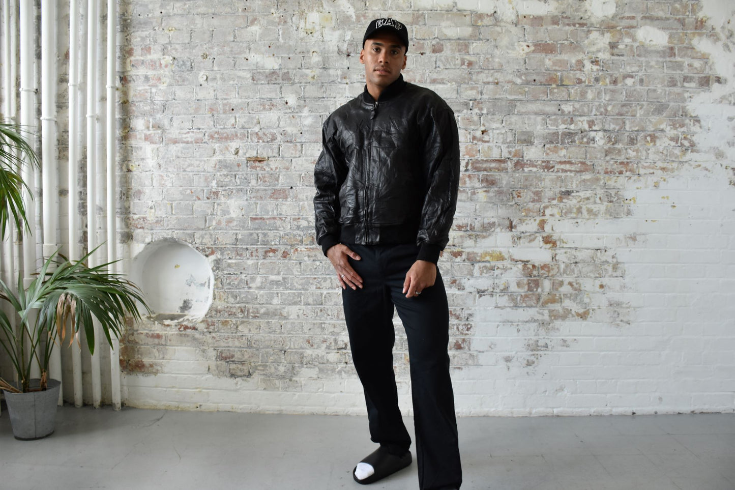 Vintage Nautica Leather Bomber Jacket in Black